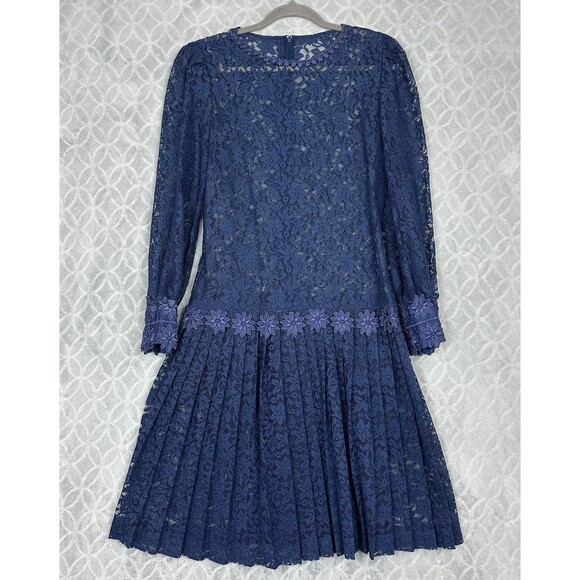 Antique 1920s Flapper Dress S Blue Lace Drop Waist Roaring Gatsby Vtg Jazz Dance - Picture 4 of 13